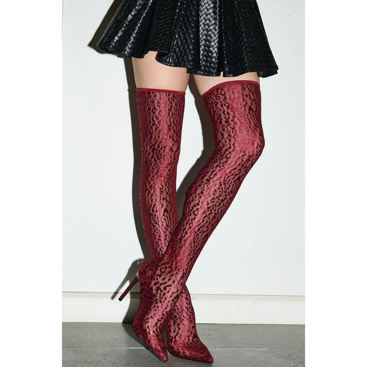 AZALEA WANG NEW FREYJA BURGUNDY LEOPARD LACE STILETTO THIGH HIGH