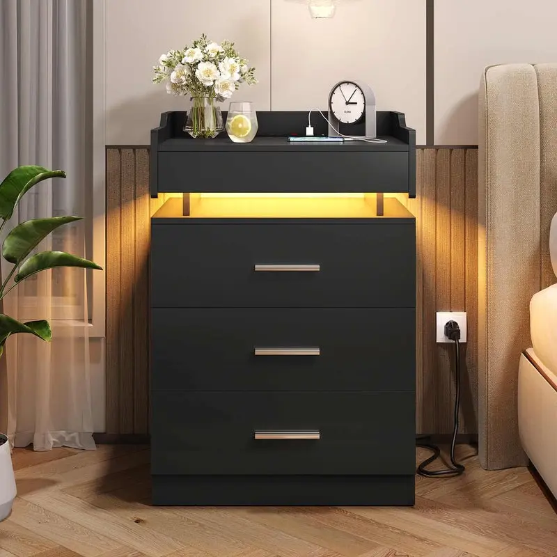 Sikaic Large Nightstand with Charging Station and LED Lights, Black Night Stand with 3 Drawers and 1 Pull-Out Tray, End Side Table with Storage, Modern Bedside Table with Outlets, Home Furniture, Dorm Essentials [tiktokshopbacktoschool]