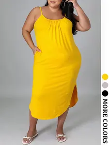 Women's Plus Size Cami Midi Dress - Sleeveless Casual Spring Summer Outfit with Pockets Available in Black Apricot Yellow for Beach Vacation, Daily Brunch