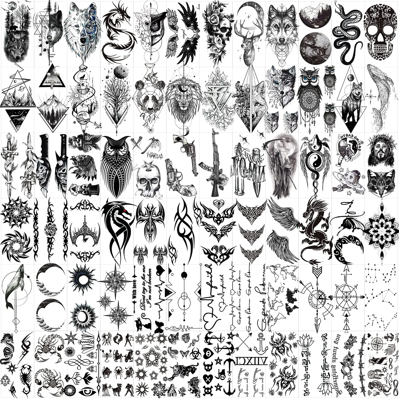 72 Sheets Tiny Temporary Tattoos Stickers, Halloween Tattoos Include Black Scary Wolf Lion Tiger Skeleton Skull Last Long Waterproof Tattoos