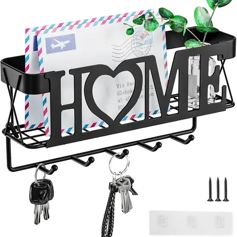 Key Holder for Wall - Key Rack with 5 Key Hooks, Key and Mail Organizer Wall Mount with  Key Hanger for Wall, Entryway, Home Decor(Matte Black)