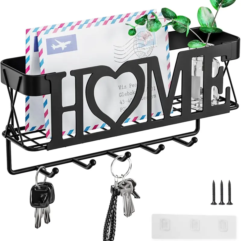 Key Holder for Wall - Key Rack with 5 Key Hooks, Key and Mail Organizer Wall Mount with  Key Hanger for Wall, Entryway, Home Decor(Matte Black)