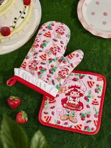 Strawberry Shortcake Cute Strawberry Pattern, Pink Heat-Resistant Mat Set, Heat-Resistant Mat + Gloves, For Kitchen Baking Use, Holiday& Party Kitchen Utensils And Equipment, Home And Kitchen