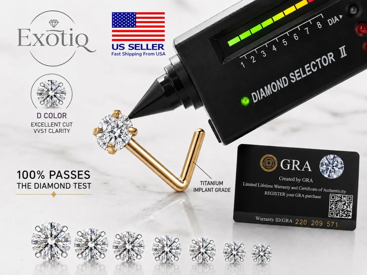 Exotiq Moissanite Stone Titanium Nose Stud Piercing 18 Gauge L Shape 18K Gold PVD Plate Body Jewelry