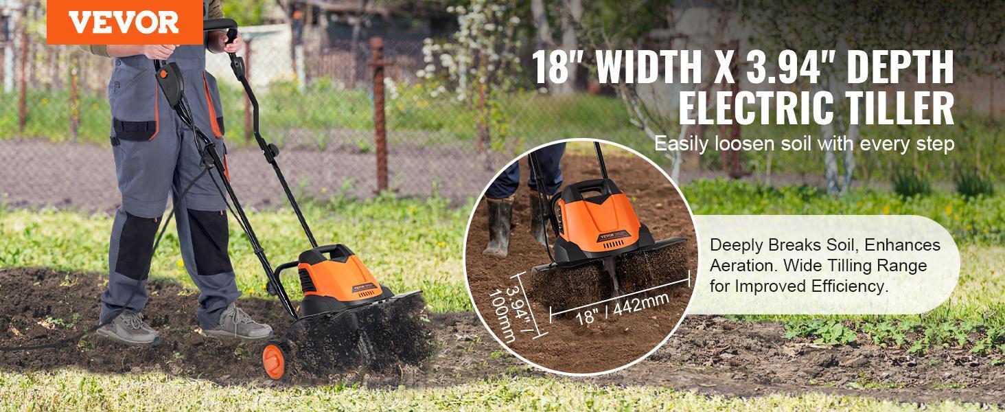 VEVOR 12 Amp Electric Tiller, TikTokShopBlackFriday, 18" Tilling Width 3.94" Tilling Depth Corded Electric Tiller/Cultivator, Steel Mn Tines, Rototiller for Garden Lawn Soil Digging