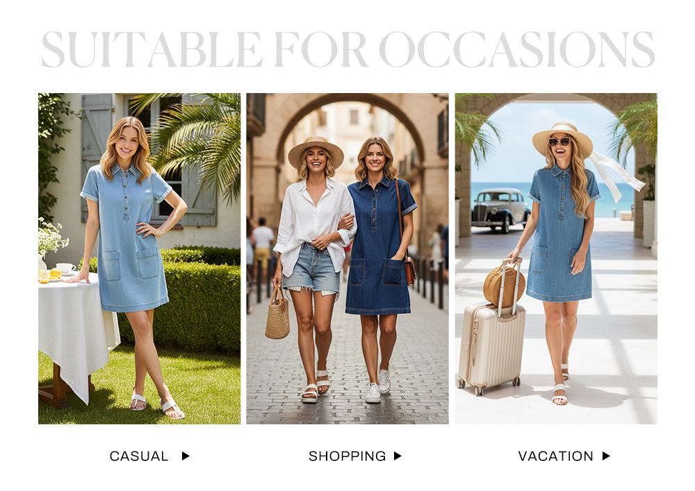 Sidefeel Women's Denim Dress Short-Sleeve Henley Neck Casual Denim Dress with Pockets