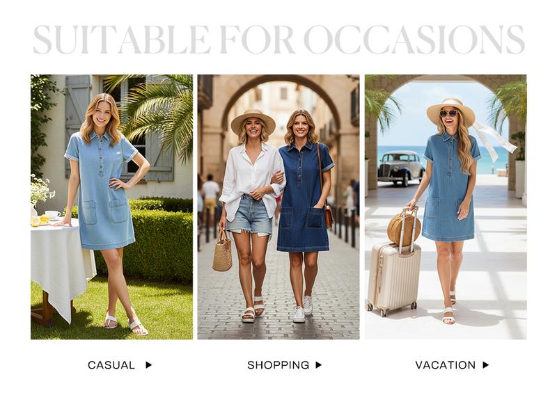 Sidefeel Women's Denim Dress Short-Sleeve Henley Neck Casual Denim Dress with Pockets