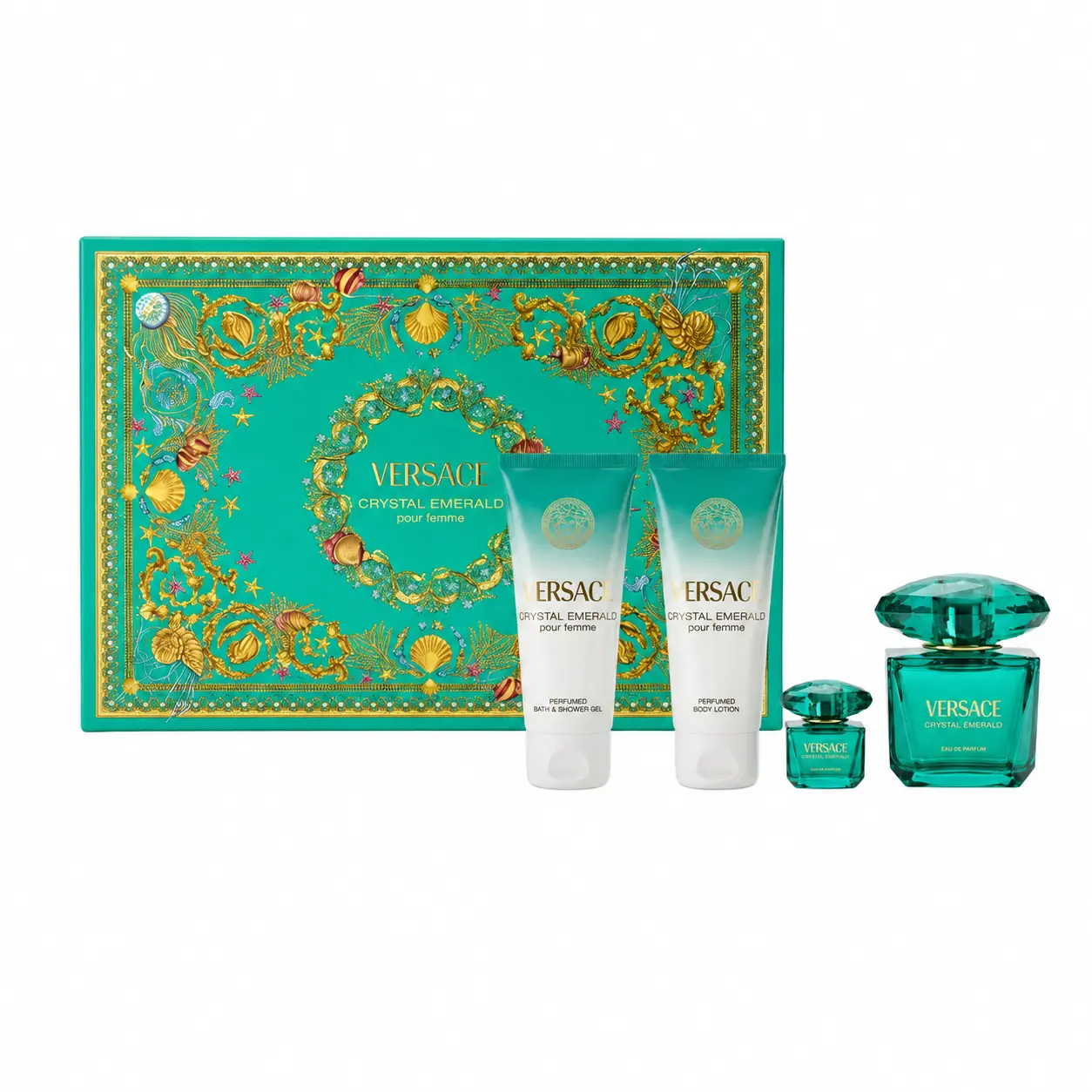 Women's Versace Crystal Emerald Pour Femme 4-Piece Scented Gift Set for Women - Eau de Parfum, Body Lotion, Shower Gel, Body Care - Radiant Fruity Floral Fragrance with Bergamot, Rosebud, White Musk Aroma