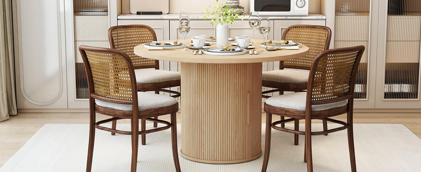 Giratree 47 inch Round Dining Table for 4, Kitchen Table Dinner Table with 2-Layer Storage Shelf and Wood Slide Door for Home Dining Room Living Room