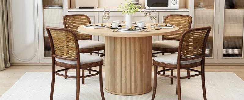 Giratree 47 inch Round Dining Table for 4, Kitchen Table Dinner Table with 2-Layer Storage Shelf and Wood Slide Door for Home Dining Room Living Room