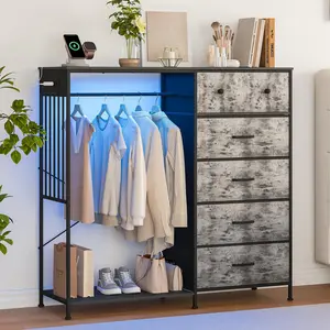 Garvee 49.2" W Dresser for Bedroom with Hanging Rack, 6 Fabric Drawers Dresser with Clothes Rack, Wooden Top Storage Chest of Drawers with Charging Station & LED Lights, Grid Panel,