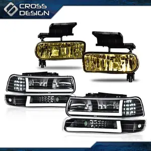 CROSSDESIGN Clear/Black LED Tube DRL Headlight & Fog Light Fit For 99-06 Silverado/Suburban