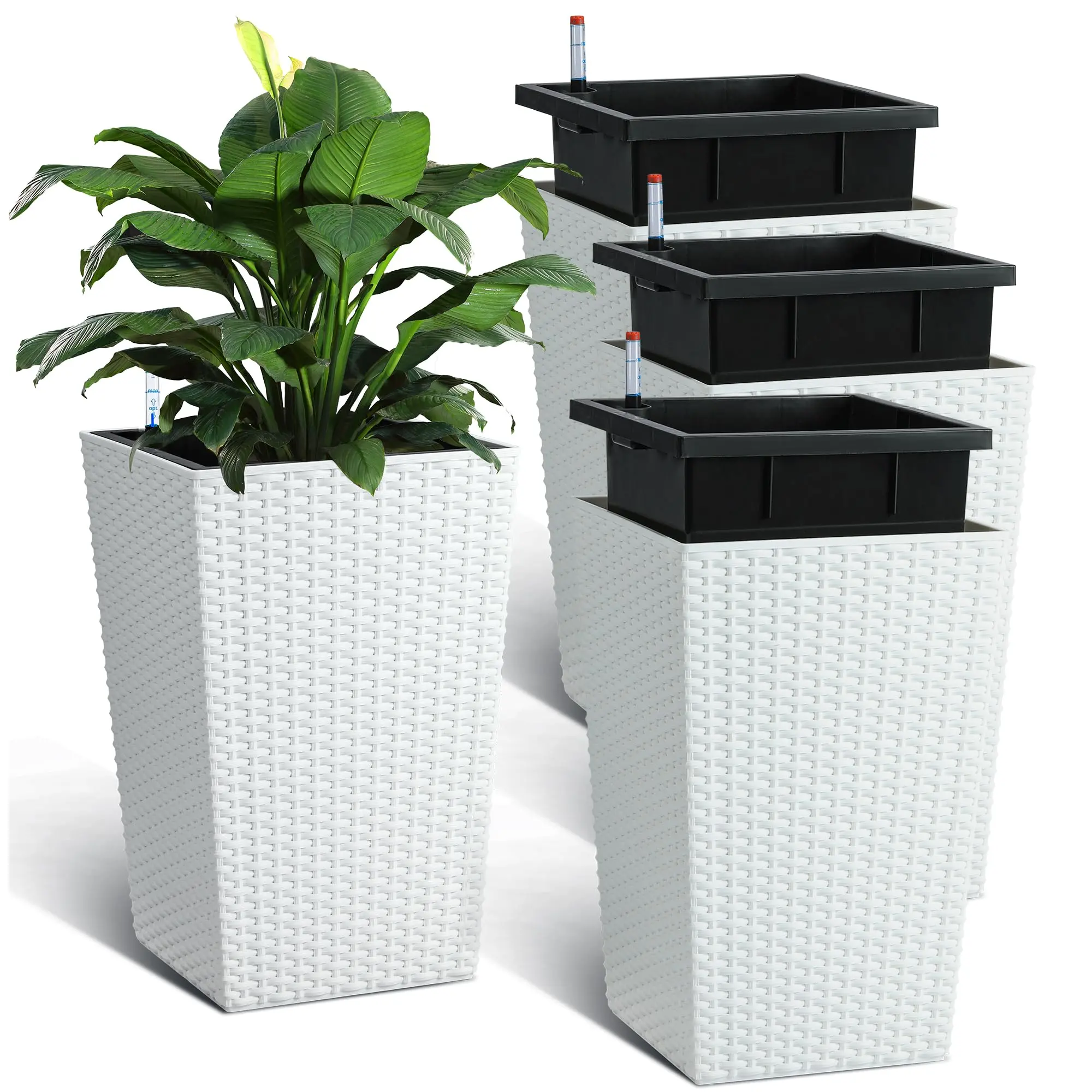 Garvee 16 Inch Tall Rattan Planter Set of 4, Self Watering Plant Pots with Water Level Monitor, Outdoor and Indoor Flower Pots for Patio, Porch, Living Room, or Home Office, White