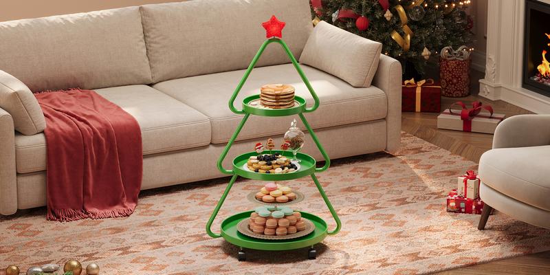 【Deal】Pinmoco Christmas Tree Snack Shelf Cart, Halloween & Christmas Decorations Cupcake Tray Holiday Festival Wedding Bar Party Supplies, 3-Tier Rolling Stand for Festive Decor & Food Display