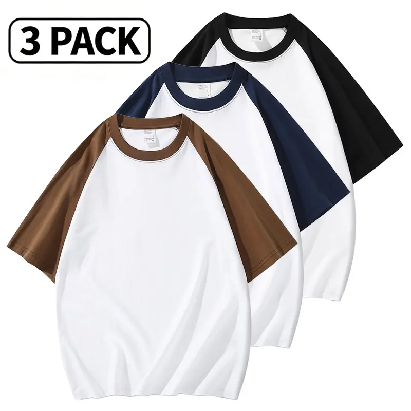 3-Pack Men’s 100% Cotton Raglan Sleeve Colorblock T-Shirts, Loose Casual American Vintage Baseball Short-Sleeve Tops