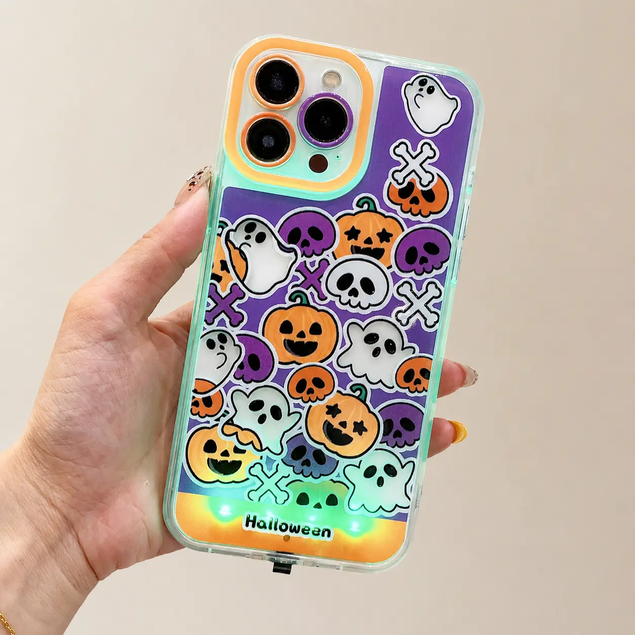 Halloween LED Light Up Case for iPhone 17 16 15 14 13 Pro Max, Cute Ghost Pumpkin Skull Pattern Clear Case, Colorful Glowing Edge Design, Fun Spooky Protective Cover, Halloween Party Accessory for Women Girls