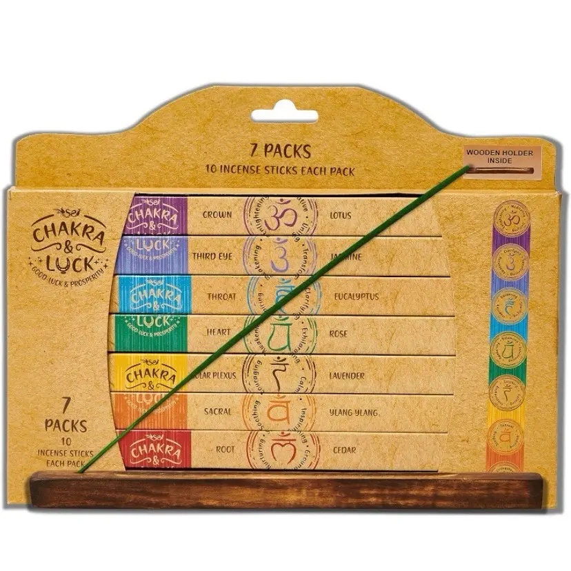 Ultra Premium Natural Incense Sticks | 7 Chakras from Crown to Root | 70 Piece Variety Gift Pack with Bonus Wood Holder