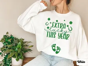 Extra Lucky This Year Pregnancy Sweatshirt/Hoodie/T-Shirt, St. Patrick’s Day Maternity Shamrock Horseshoe Baby Feet Shirt, Cute Irish Announcement Gift, For Mom To Be