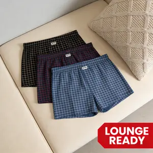 Men's Knitted Cotton Abs Boxer Briefs 3-Pack, Stylish Menswear Underwear with Elastic Waistband, Checked Plaid, Loose Fit, Soft Breathable High-Quality for Home & Office Lounging