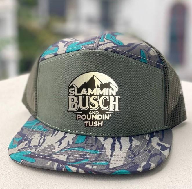 Slammin Busch & Poundin Tush Leather Patch Trucker Hat, Camo/White/Bottomland 7 Panel Trucker Hats, Fitted Unisex Baseball Cap Basic Casual Style | Outdoor Hunter Gift