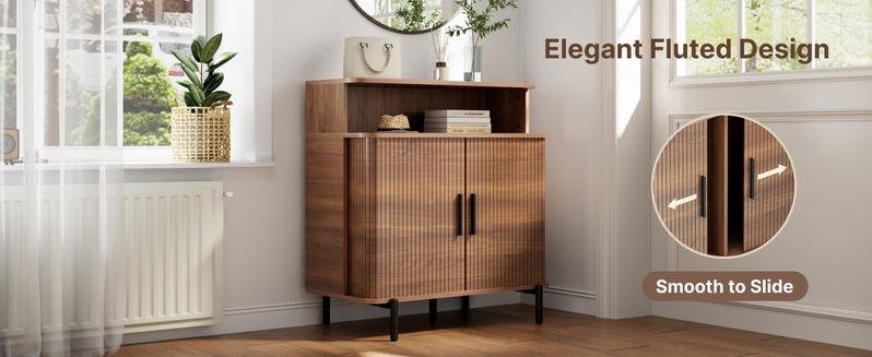 Fluted TV Stand & Storage Cabinet, Sliding Tambour Doors, Open Shelves, Modern Media Console for Living Room, Bedroom & Kitchen Fluted TV Stand & Storage Cabinet, Sliding Tambour Doors, Open Shelves, Modern Media Console for Living Room, Bedroom & Kitchen