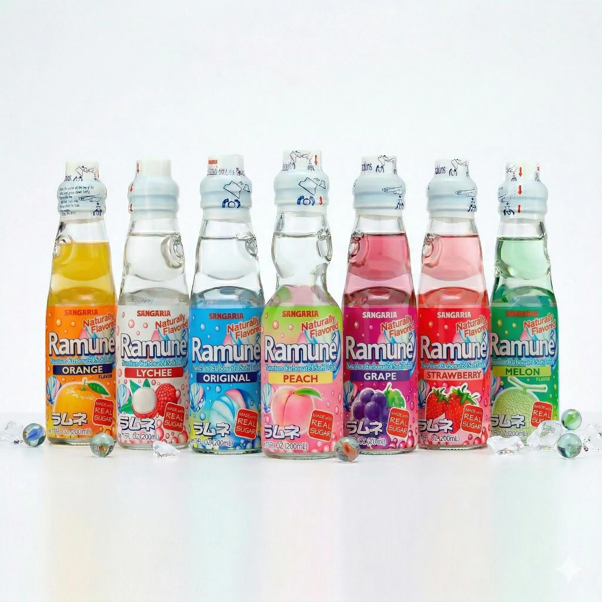 Pop the Marble! SANGARIA Premium Ramune 7-Flavor Collection (6.76 Oz Each) Drink Sodas