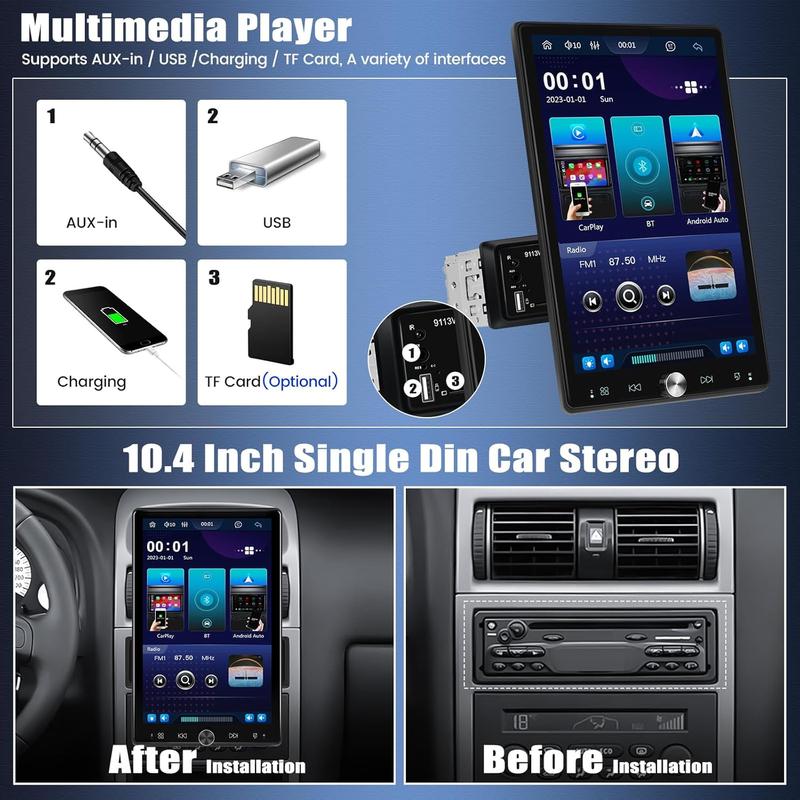 10.4 inch Single Din Car Stereo with Wireless Carplay Android Auto, 1080P IPS Detachable Touch Screen,5.2 Bluetooth, 12LED Backup Camera,FM Radio,USB/AUX,Mirror Link,SWC