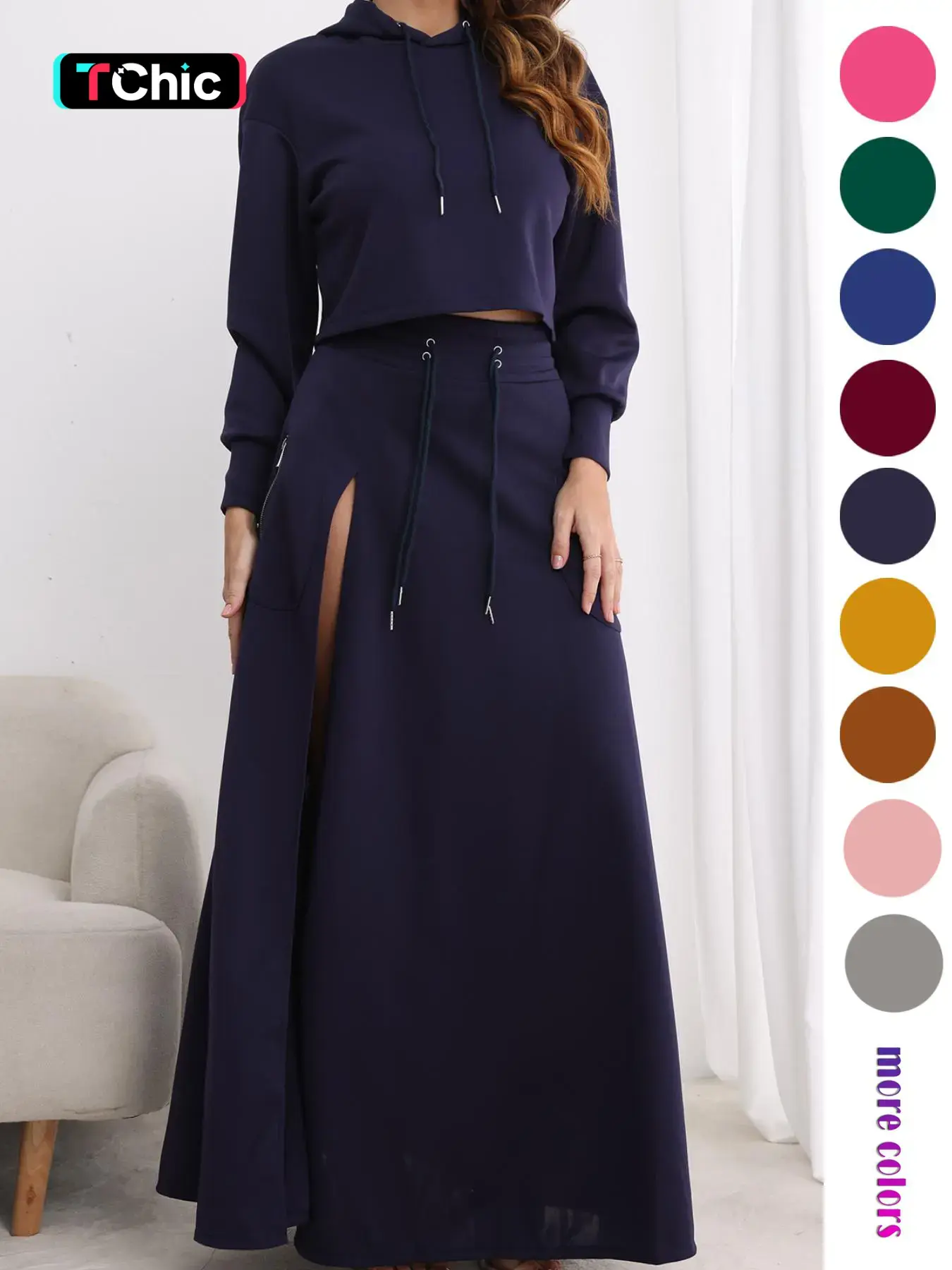 Women's Solid Knitting Drawstring Fit Hoodie & Split Thigh Skirt Set, Long Sleeve Top & Pocket Long Skirt, Casual Fashion Cozy Chic Elegance Minimalist Co-ord Set, Women Clothes