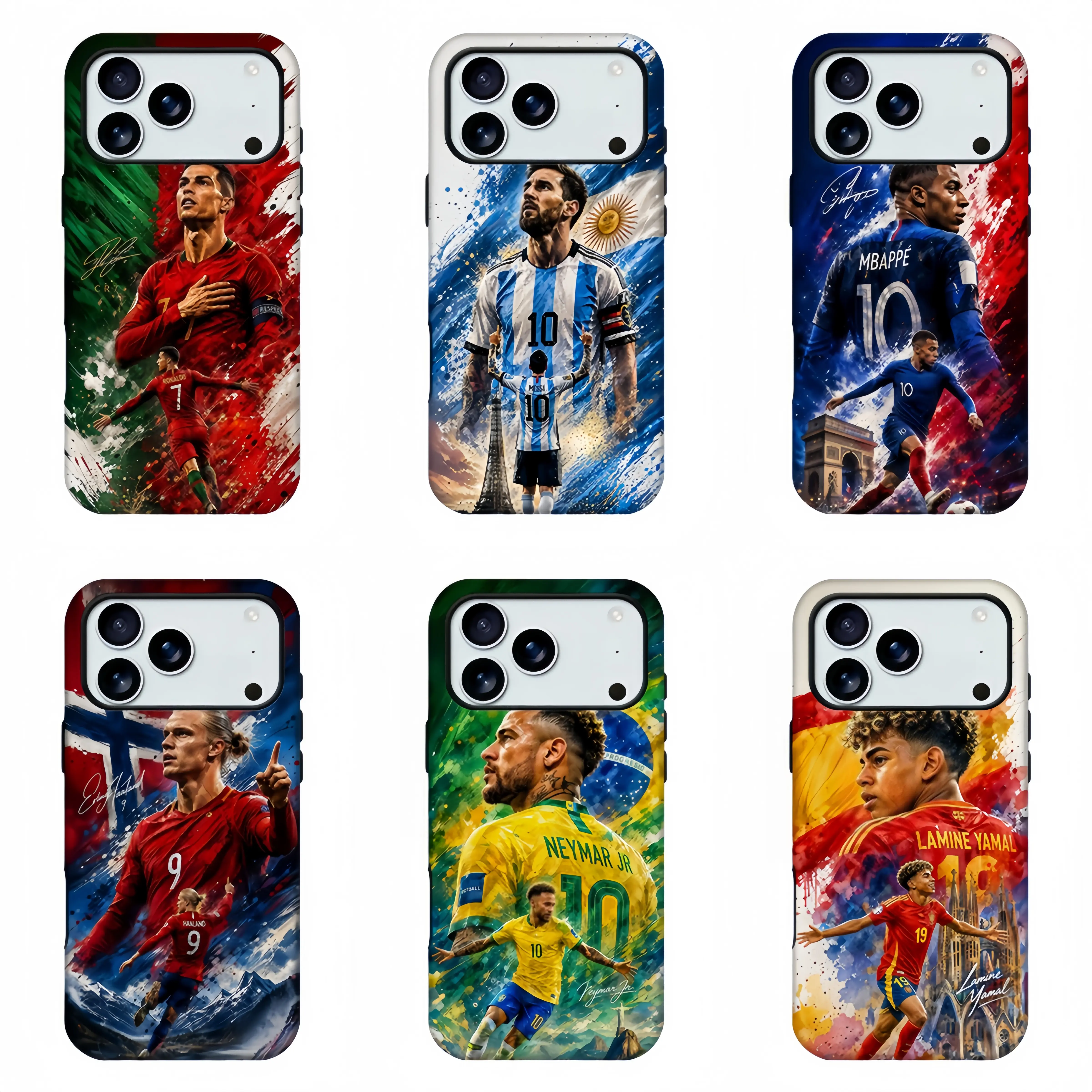 Realistic Football Superstar Phone Case,Soccer Fan Merch Phone Shell,CR7 Messi Neymar Haaland Mbappe Lamine Yamal National Trophy Landmark Print Shockproof Protective Cover For iPhone11 12 13 14 15 16 17 pro max and Samsung Model.Perfect gift,Vintage