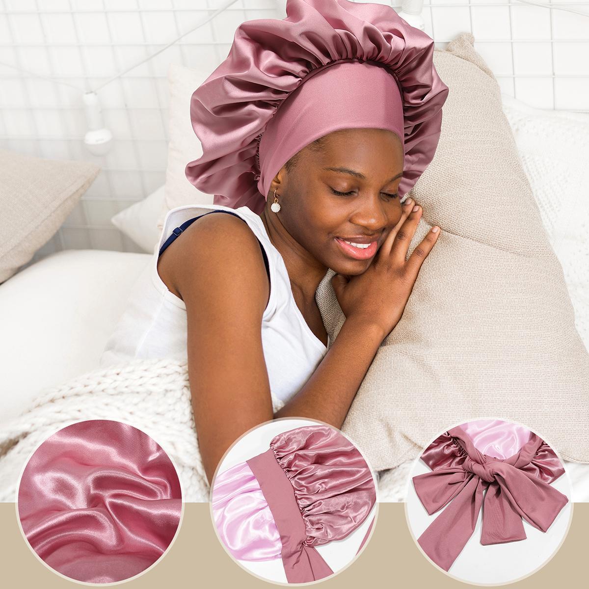 AWAYTR Women's Pink Nightcap Elastic Shower Cap Satin Sleeping Hat With Tie Band Double Layered Hair Care Hat Headwrap Adjustable