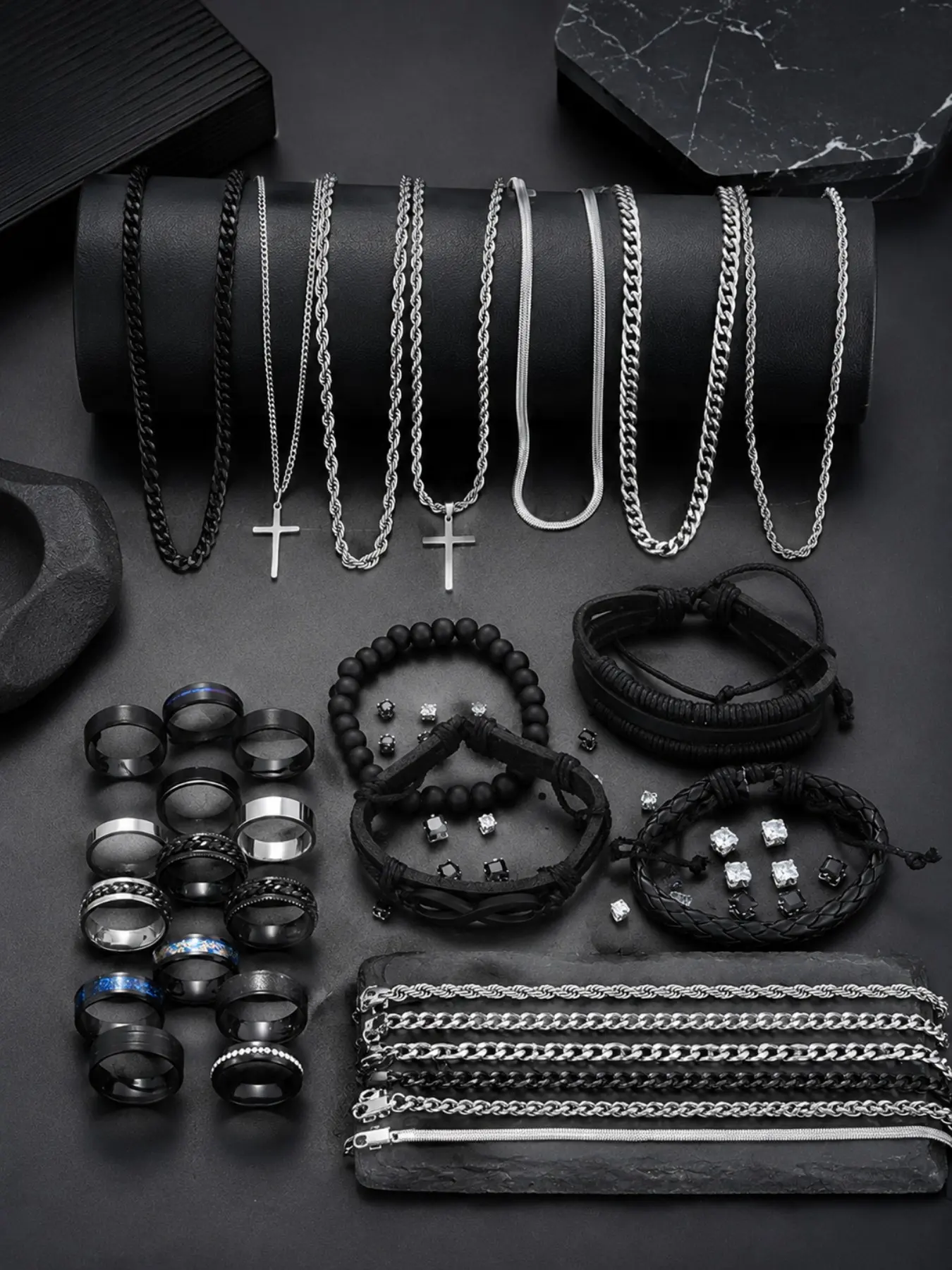 54-Piece Men's Western Jewelry Set, Punk Style Zircon Earrings, PU Leather Bracelet, Stainless Steel Ring, Casual All-Season Gift Set, Trendy Jewelry Set, Fashionable Jewelry Set