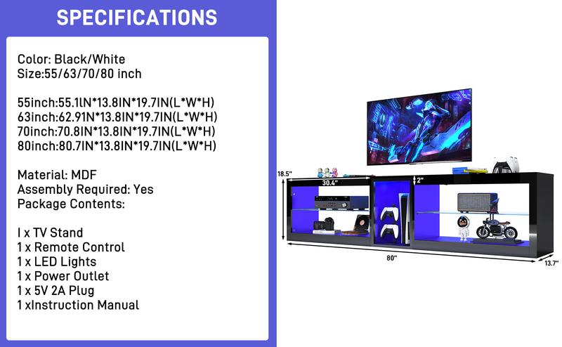 63 Inch LED TV Stand with Adjustable 60,000 Color LED Light/Outlet for 60, 65, 70 Inch TVs, Modern High Gloss Entertainment Center with Glass Shelf