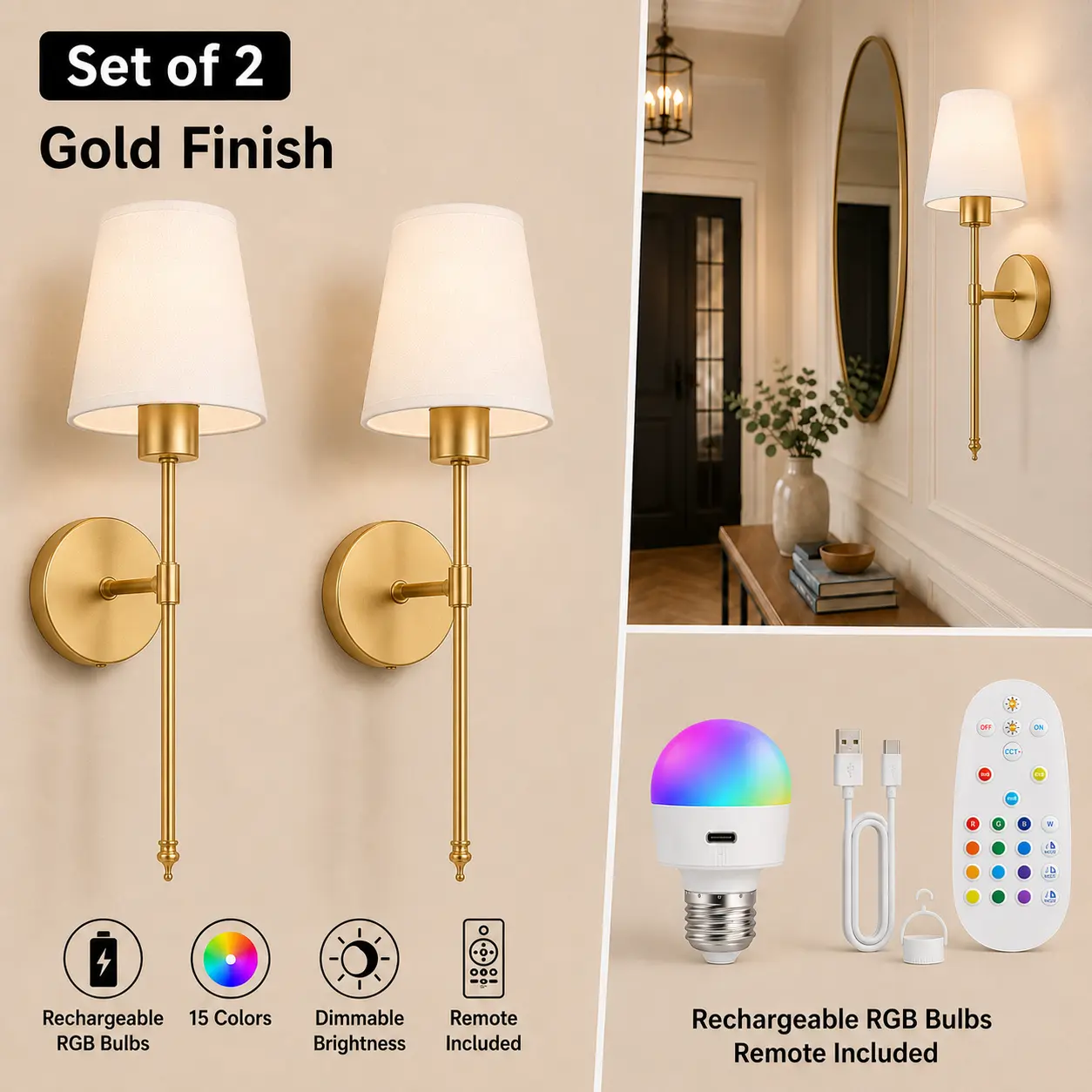 Rechargeable Wall Sconces Set of 2, Battery Powered Wireless Wall Lights with Remote, Color Changing Dimmable Wall Lamps for Bedroom Hallway Decor
