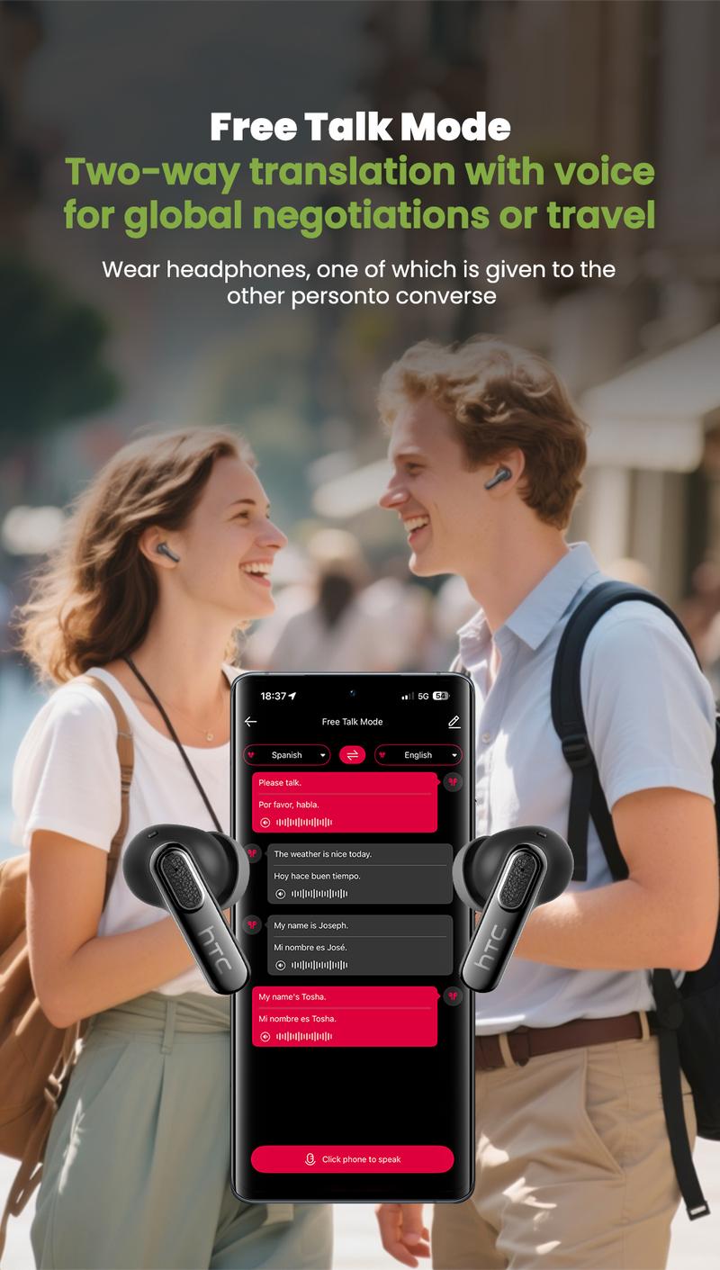 HTC NE60 TWS AI Translator Earbuds, Wireless Bluetooth 6.0, Supports Real-Time Translation in 134 Languages, IPX5 Waterproof, Hi-Fi Sound Quality, Suitable for Exercise, Meetings, Studying