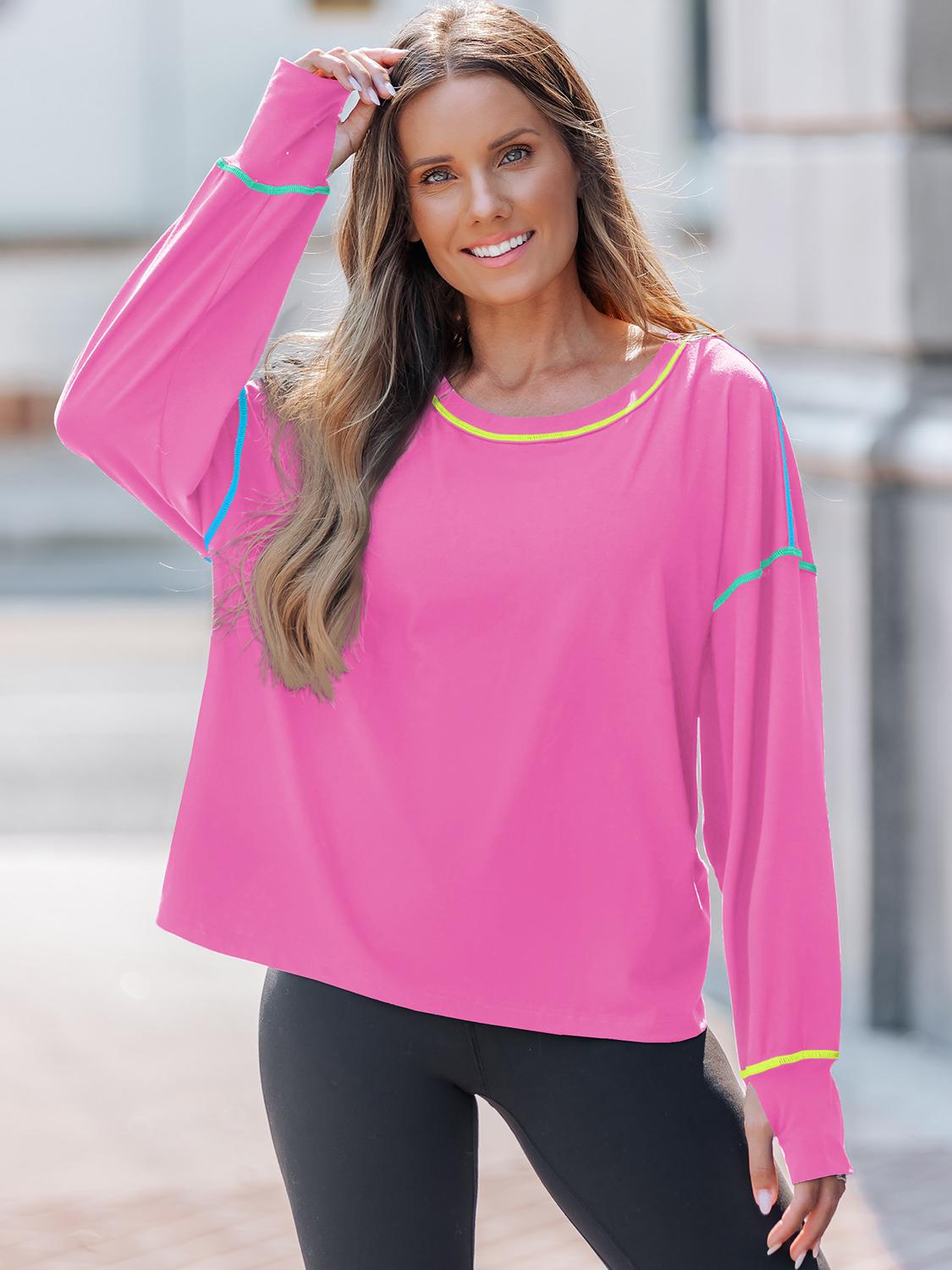 Popvil Cotton Open Back Workout Loose Fit Shirt, Neon Stitching, Soft & Light-weight Activewear, Gym Shirt, Thumb Hole Sports Shirt, Moisture-Wicking Running Shirt