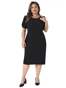 Agnes Orinda Plus Size Dress Women's Short Sleeve Above the Knee Sheath Dress Office Wear to Work Dresses