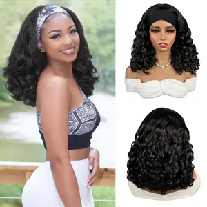 Yaki Curly Headband Wigs for Black Women - Kinky Straight Black Headband Curly Ends Synthetic Wear and Go Glueless Half Wig with Headbands Attached