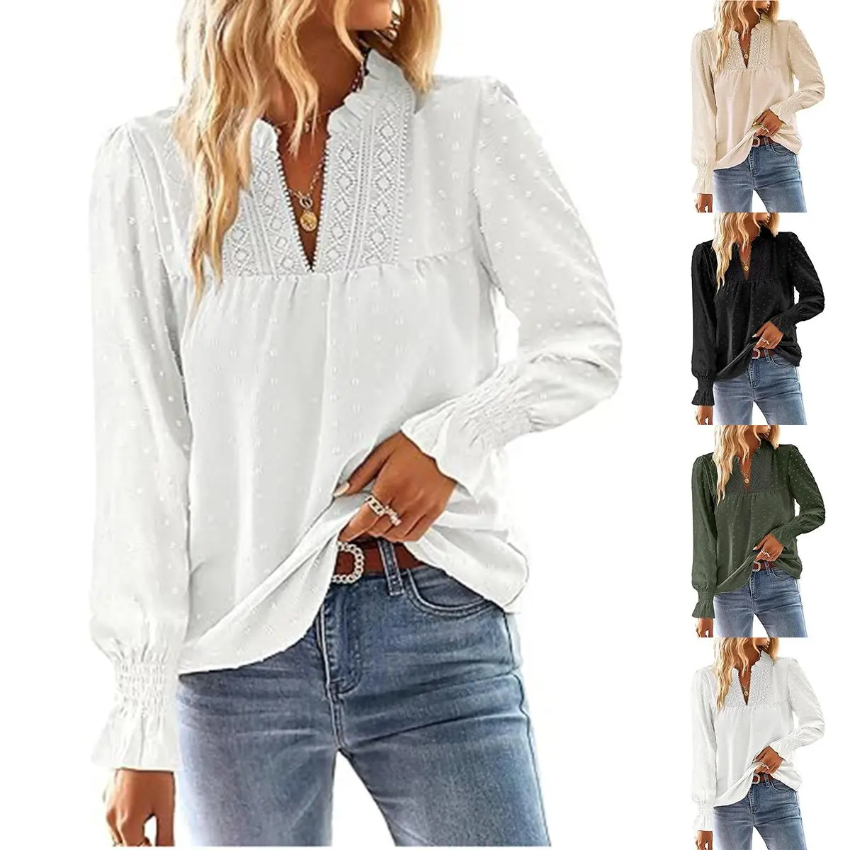 JovenPara Women's Long Sleeve V-Neck Polyester Blouses - Swiss Dot Lace, Flowy, Casual Dressy Longsleeves Tops