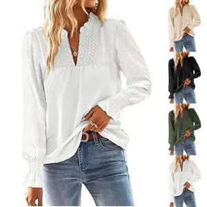 JovenPara Women Long Sleeve V Neck Tops Swiss Dot Lace Shirts Casual Dressy Flowy Trendy Blouses