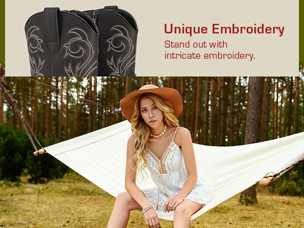 DREAM PAIRS Women's Cowboy Cowgirl Western Boots Embroidered Stitched Ankle Boots Square Toe Chunky Heel Fashion Short Booties with Zipper