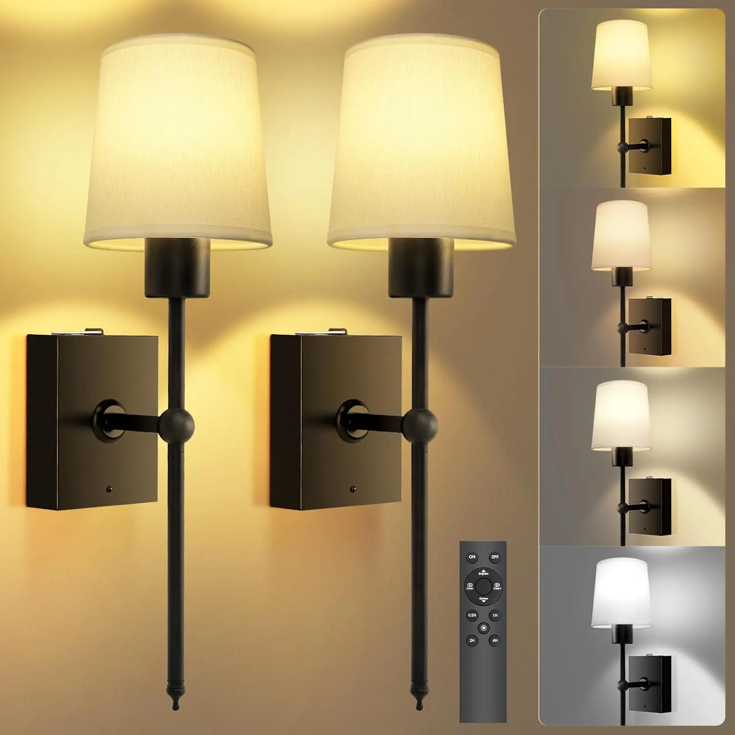 [Back To School] Wireless Battery Operated Wall Lights Set w/ Remote | Adjustable Brightness | Ambient Lighting, Set of 2 | White Fabric Shade, Indoor Wireless Lamp For Bedroom Living Room,Apr Stock Up,Summer Vibes,outdoorfurnitureset