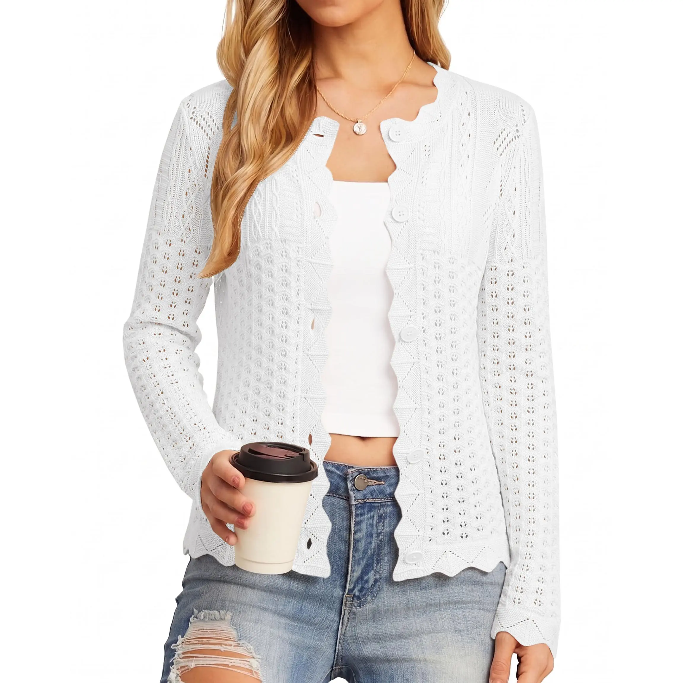 UNCLECAT Womens Crochet Cardigan Long Sleeve Crew Neck Button Down Knit Sweater 2026 Fall Winter