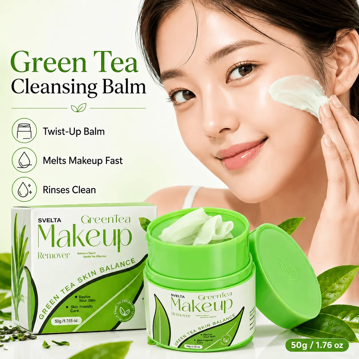 SVELTA Green Tea Cleansing Balm Makeup Remover – Melt Makeup & Sunscreen Fast – Twist-Up Balm Texture – Deep Cleansing Face Balm for Long-Wear Makeup, Waterproof Mascara & SPF – Hydrating Plant Oil Formula – Rinses Clean – 50g (1.76 oz)