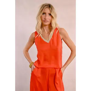 Metallic Trim Red Coral Sleeveless Top