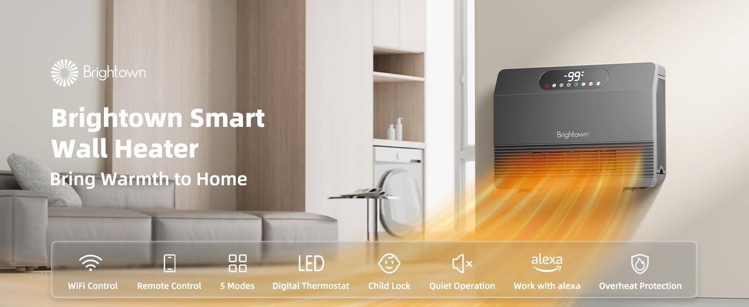 Brightown Smart Wall Heater, Electric Space Heater for Indoor Use 1500W, 5 Optional Modes, Adjustable Thermostat, Easy-Mount Heater for Bedroom with Remote Control, 12H Timer, Works with Alexa Brightown Smart Wall Heater, Electric Space Heater for Indoor Use 1500W, 5 Optional Modes, Adjustable Thermostat, Easy-Mount Heater for Bedroom with Remote Control, 12H Timer, Works with Alexa