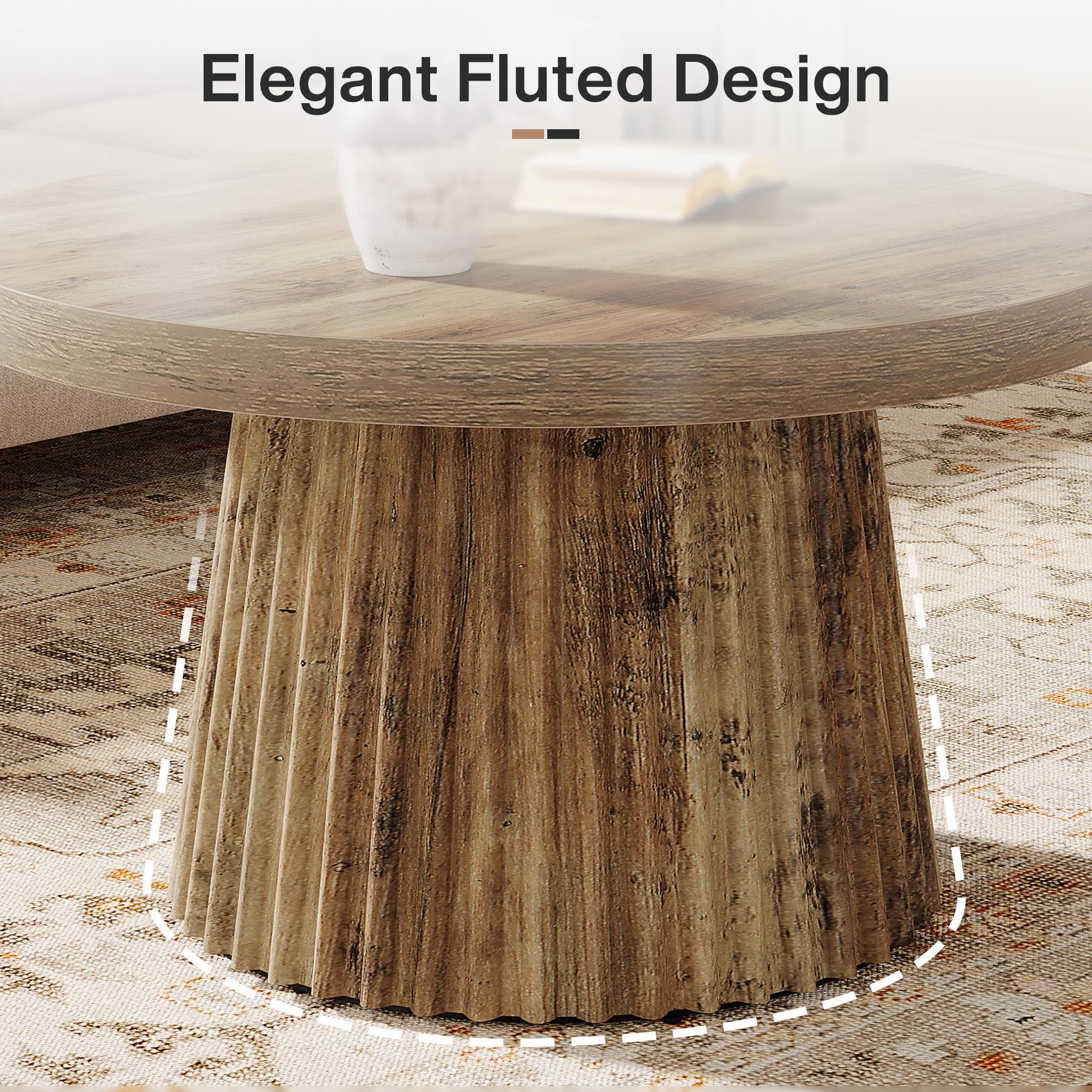LITTLE TREE Round Coffee Table, 31.5" Modern Circle Center Table with Fluted Drum Base and Wood Grain Finish, Minimalist Accent Cocktail Table for Living Room, Apartment, Small Space