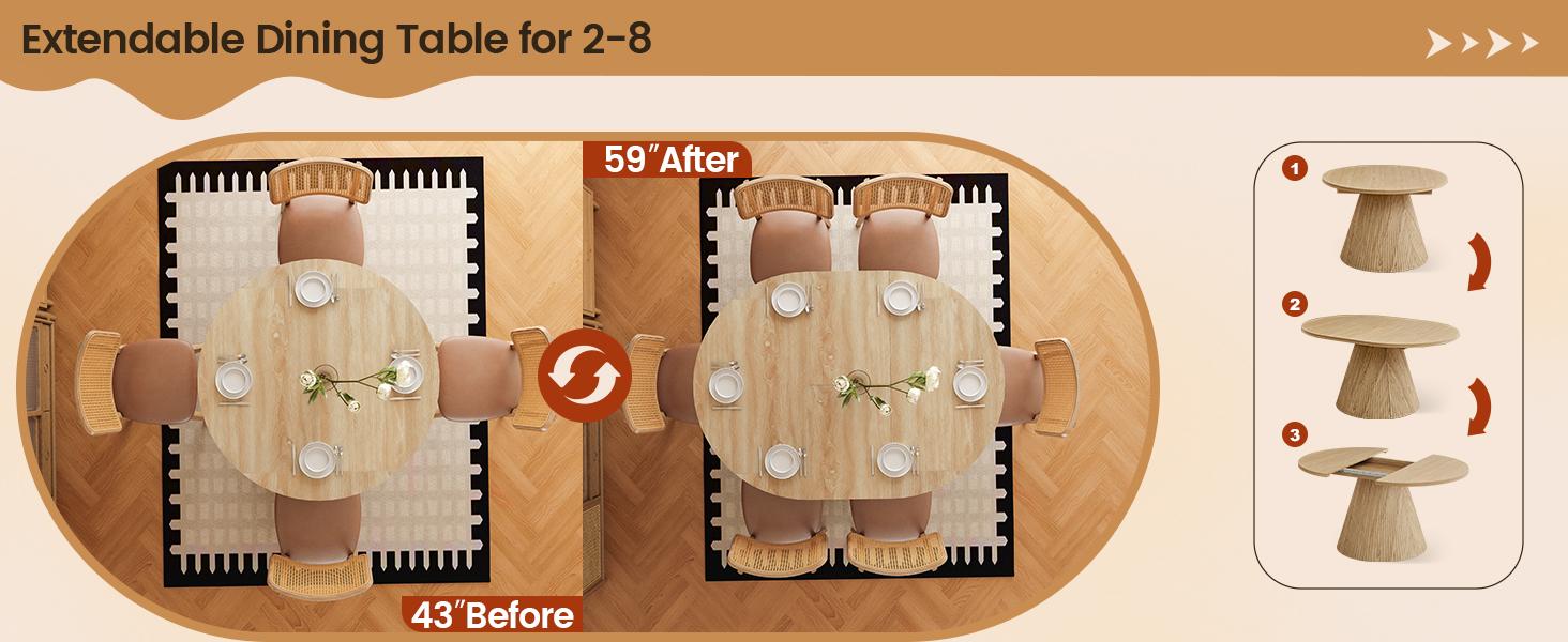 Giratree 43.3"–59" Expandable Round Dining Table for 4–8, Space-Saving Oval Dining Table with Detachable Leaves, Modern Transformer Table with Fluted Pedestal Base for Kitchen & Dining Room