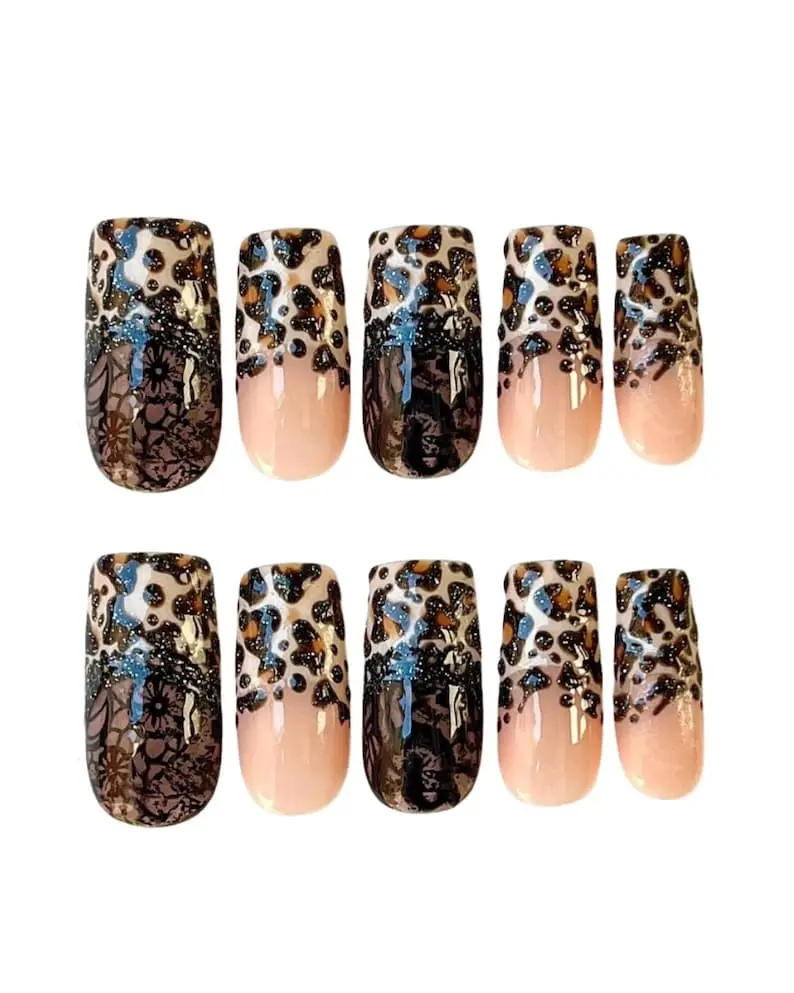 Cheetah Print French Tip Press On Nails Black Lace Glitter Gel