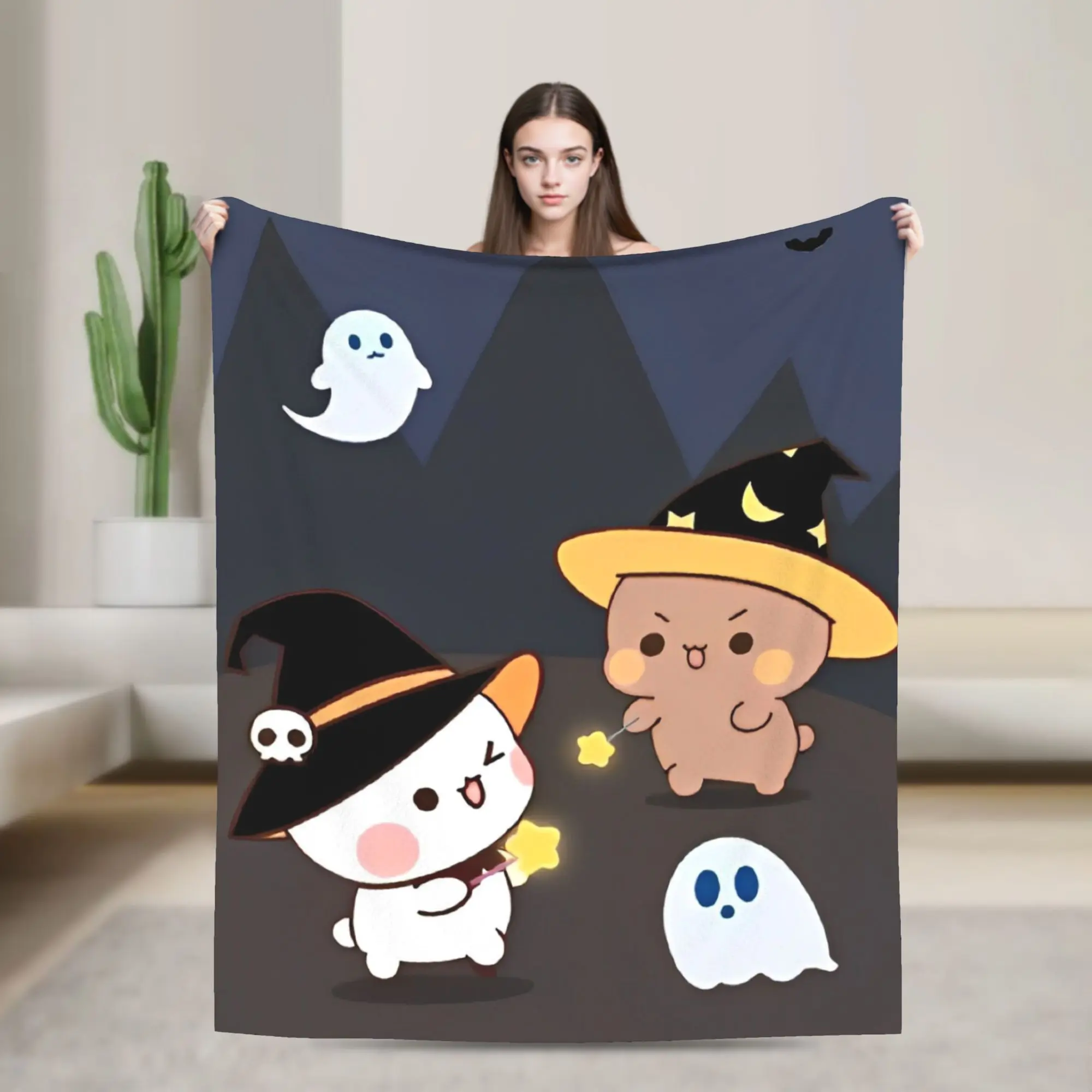 Bubu Dudu Halloween Fuzzy Throw Blanket - Ghosts, Bats, Witches Design, Wrinkle Resistant, Soft Novelty Blanket for Chair, Sofa Covering, Autumn-Winter Textile Soft Furnishing