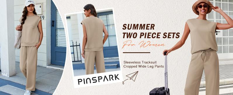 Pinspark Women's Summer Casual Suit Wide-legged Pants Loose Fit Machine Washable Air Layer Fabric Cap Sleeve Top & Cropped Wide-Leg Pants Set Clothes Womenswear Adjustable Pocket